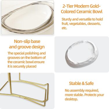 MEESOGA Багатоярусна фруктова тарілка з кераміки на 2 яруси - порцелянова фруктова тарілка з металевим підставкою для кухні. Підходить для фруктів, овочів, закусок та солодощів.