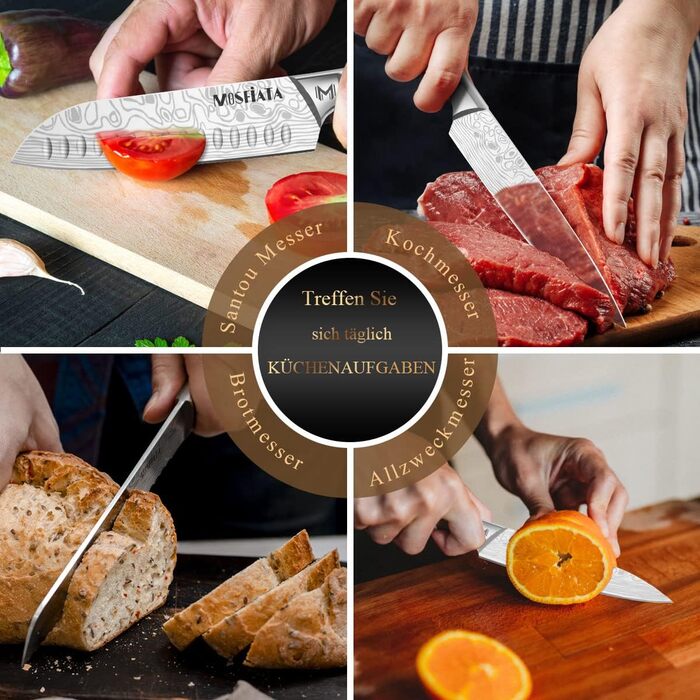 Набір кухонних ножів MOSFiATA, 5 шт. з нержавіючої сталі: кухонний, сантоку, універсальний, для хліба, для очищення з захистом пальців та подарунковою коробкою