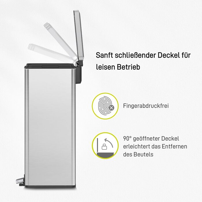 Відро для сміття EKO Madison 30л з м'яким закриттям кришки, нержавіюча сталь, знімний внутрішній відерце, стійке до відбитків пальців, з 20 мішками для сміття 30л