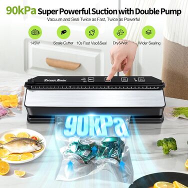 Вакуумний пакувальник DeeprBetter з подвійною помпою, 90kPa, для продуктів, сухих та вологих, з широкою запайкою 13 мм, 15 пакетів