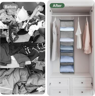 Органайзер для шафи AiQInu з 3 відділеннями, на вішалку, бамбуковий, сірий (з гачками)