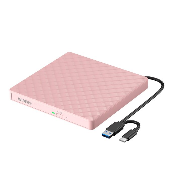 Зовнішній DVD-привід USB 3.0 та USB-C, CD/DVD гравір для ноутбука та ПК (Windows, Mac OS, Linux), Рожевий