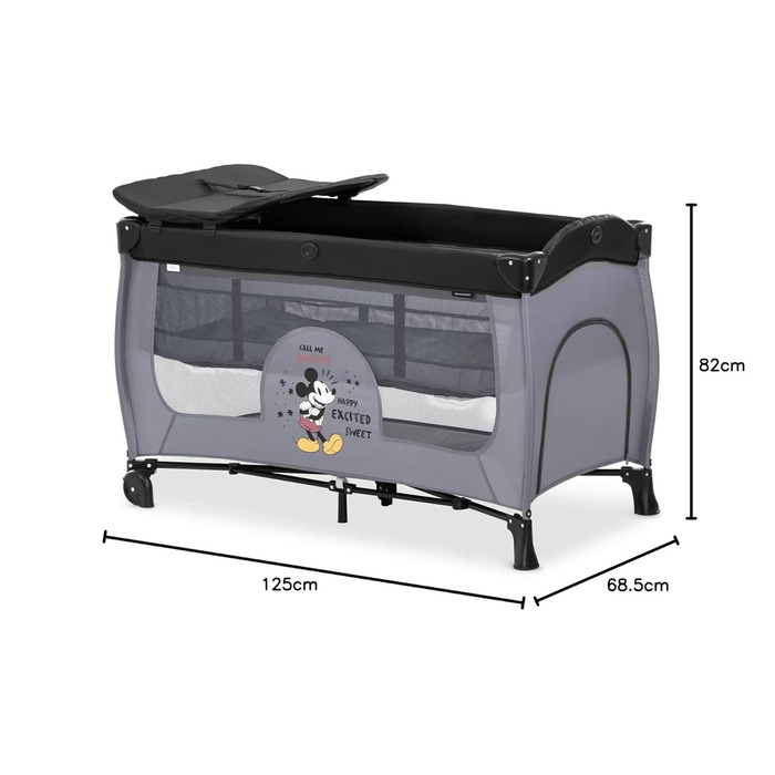 Hauck Travel Crib Sleep N Play Center with Newborn Nest, Changing Table, Carry Bag, Wheels, Crawl-Through Opening, Compact Folding, from Birth up to 15 kg (Disney Mickey Mouse Grey)