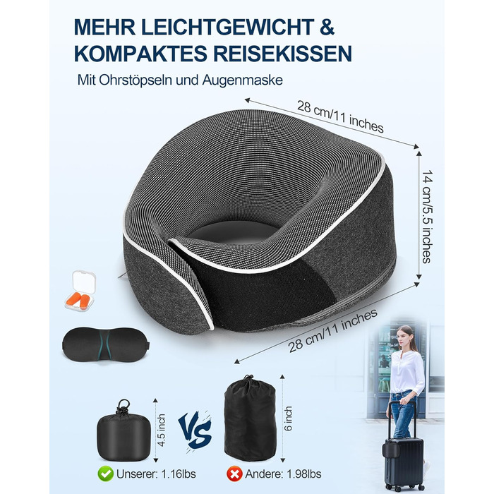 Подушка для шиї в літак, доросла, з піною з пам'яті, регульована та компактна, для автомобіля з навушниками, маскою для сну, чохлом