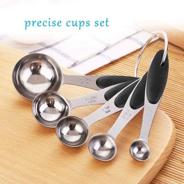 Stainless steel measuring cups and spoons, 10-piece set with storage rings, nesting teaspoons for measuring dry and liquid ingredients. Spoons