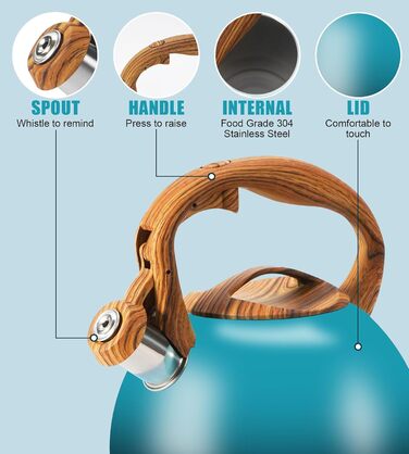 Чайник-свисток Foedo 3.2 л з нержавіючої сталі з дерев'яною текстурою, 3.2 л, для чаю, кави та молока, класичний дизайн, червоний (градієнт темно-зеленого кольору)