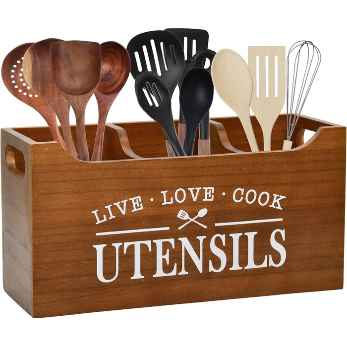 Karisky Kitchen Utensil Holder with Drainage Bottom, Large 3-Compartment Solid Real Wood Utensil Organizer for Countertop, Cooking Tools for Farmhouse Kitchens, Brown