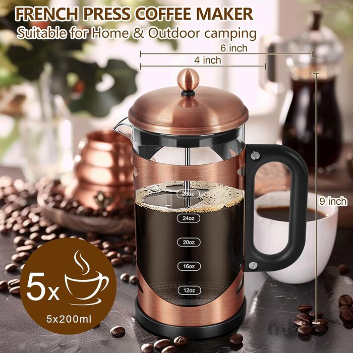 YMMIND 963.9 g French Press Coffee Maker Copper Stainless Steel Coffee Press, with 4-Stage Filtration System, Heat-Resistant Thick Borosilicate Glass, BPA-Free Brewed Coffee Pot for Camping Gifts