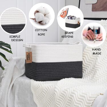 Woven cotton rope basket with handles for shelves, toys, books, fabric storage baskets for organizing, 34 x 28 x 24 cm, decorative storage basket for living room, bathroom