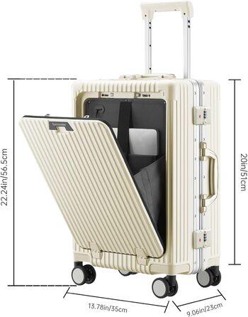 Чемодан 20 дюймів з спінінговими колесами, алюмінієва рама, TSA-замок, USB-порт, підставка для телефону, білий
