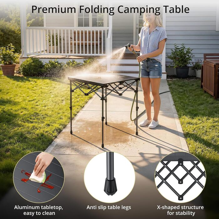 Складний алюмінієвий стіл для кемпінгу Anbte 67x58 см, регульована висота (44/70 см), вантажопідйомність до 150 кг, з сумкою для зберігання