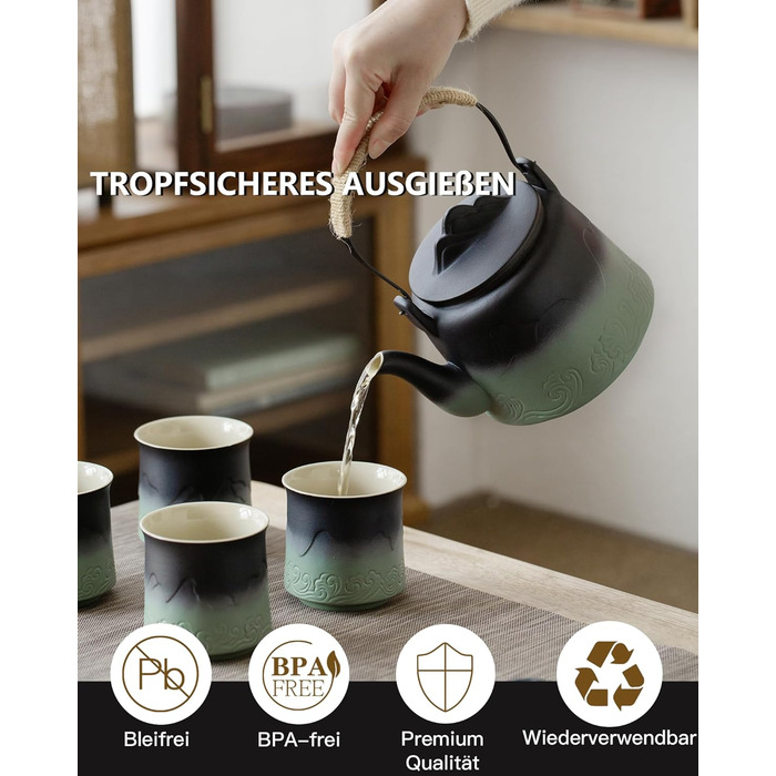 ZENS Design Japanese Teapot, 1000ml Gradient Embossed Japanese Teapot Ceramic with Built-in Strainer and Hemp Rope Handle for Loose Tea Steeper, Gift for Tea Lovers, Black & Bean Green (Black & Bean Green, 1000ml Teapot & 4 of 200ml Cups)