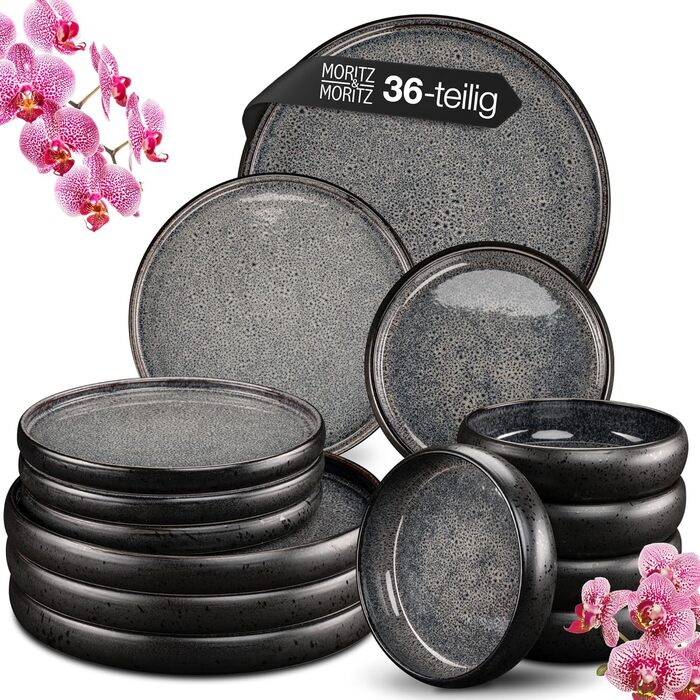Moritz & Moritz SOLID 36-Piece Stoneware Dinnerware Set for 12 - 12-Piece Dinnerware Set consisting of 12 Dinner Plates, Small Plates, and Deep Plates (36-Piece)