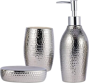 Silver Bathroom Accessories Set – 3-Piece Decorative Ceramic Bathroom Accessories Set with Lotion Soap Dispenser, Toothbrush Holder/Cup, and Soap Dish, Silver Gift Set for New Home Decor