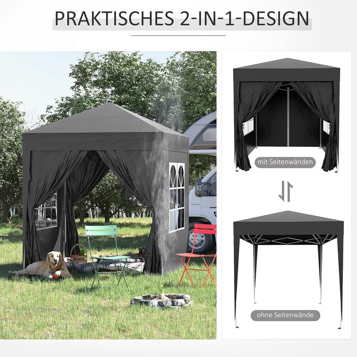 Outsunny 2x2m (6.5x6.5ft) Waterproof Pavilion, Pop-up Folding Canopy with 4 Side Walls, Drainage Holes in Windows, Foldable Party Tent UV 30+, Garden Tent with Carry Bag, Garden Pavilion for Patio, White (Black)