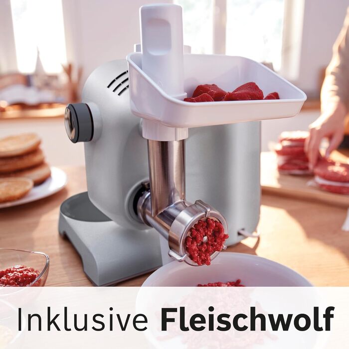 Bosch Kitchen Machine Series 6 MUM56340, 3.9 L Bowl, 1.25 L Mixer, Meat Grinder, Citrus Juicer, Planetary Mixer, Dough Hook, Whisk, Beater, Continuous Slicer, 3 Discs, 900 W, Silver/Grey