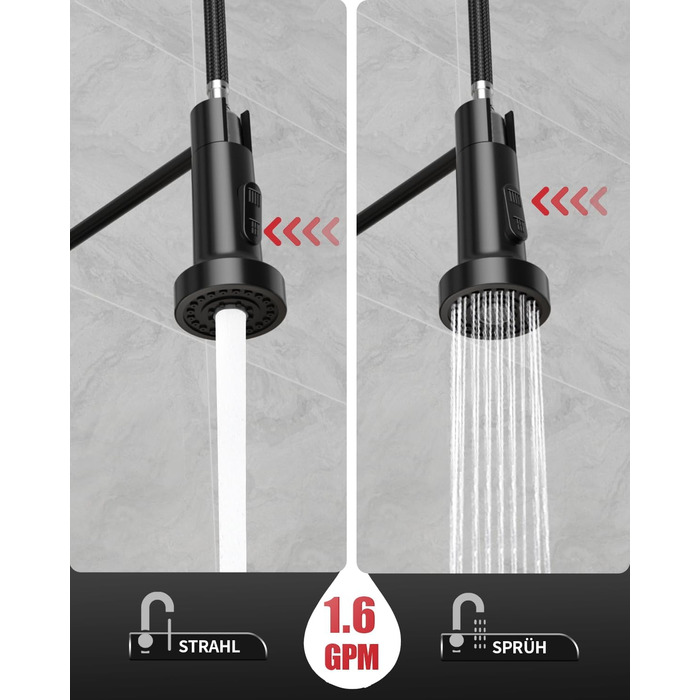 Кухонний змішувач Rainsworth з нержавіючої сталі, чорний, з висувною лійкою та двома струменями, 360° обертання, 45 см