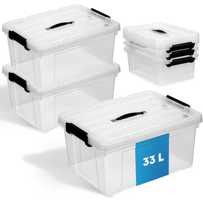 3-Piece Storage Boxes with Lid | BPA Free | With or Without Carrying Handle | Storage Containers with Reinforced Bottom Structure (With Carrying Handle - Transparent, 33L)