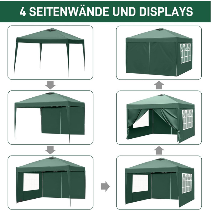 Павільйон 3x3 м Pop-up, водонепроникний, зимостійкий, регульований по висоті, UV 50+, сталевий каркас, з 4 стінками, для саду, вечірок, кемпінгу, темно-сірий (зелений)