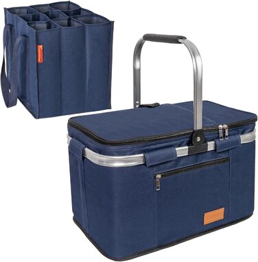 Foldable Shopping Basket 35L + Bottle Bag with 9 Compartments for Bottles up to 1.5L | Set of Large Insulated & Waterproof Cooler Bag + Bottle Basket: Lunch Bag, Bottle Carrier, Thermos Bag, Bottle Bag