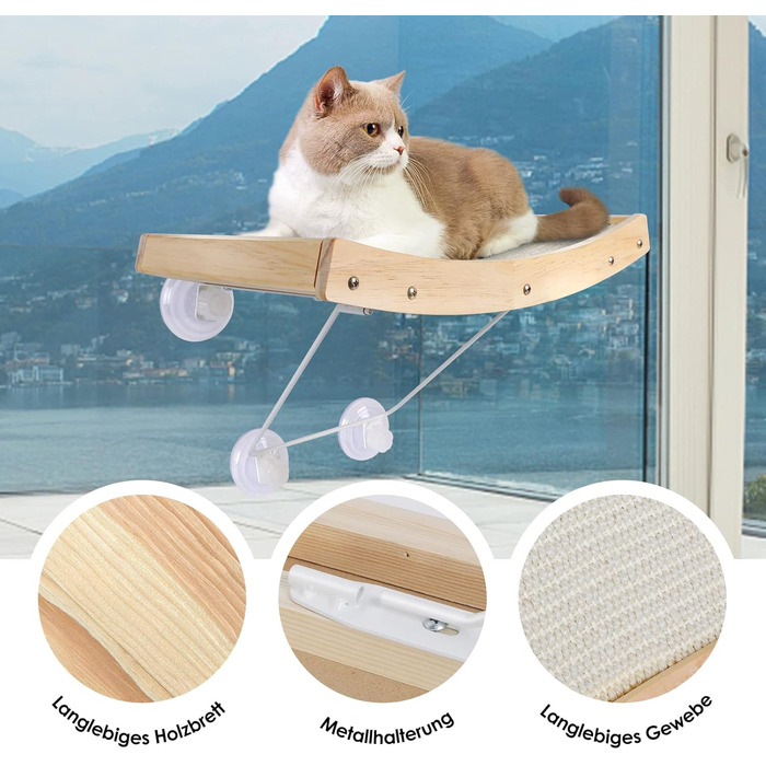 Zonema ZNM Cat Window Perches - Cat Hammock Sisal, Solid Wood Frame, Cat Bed Window with Strong Suction Cups, Cat Hanging Bed Window, Space-Saving Design, Holds up to 18KG