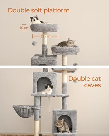 Кігтеточка для котів FourFurPets 156 см з драбиною з сизалю, 2 платформи, 2 печери, гамак, м'ячики (світло-сірий)