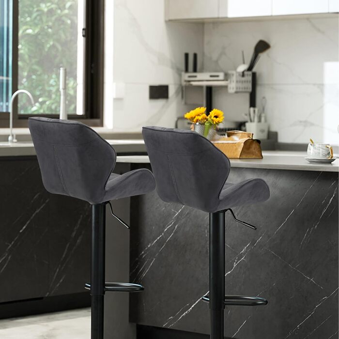 WangPangzi Adjustable Bar Stools 2-Pack with Backrest - Padded Leatherette & Steel Kitchen Bar Chairs with Footrest - for Counter, Kitchen, Hotel, Bar (Black & Dark Gray Velvet)