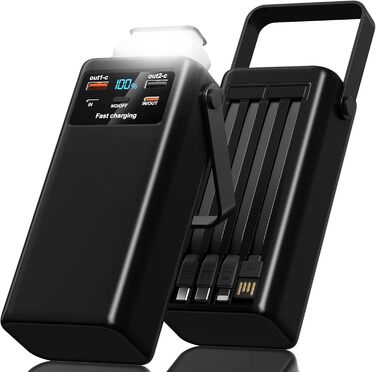 Power Bank 60000mAh 45W з LED-дисплеєм та 7 виходами - Зовнішній акумулятор для кемпінгу та подорожей, чорний