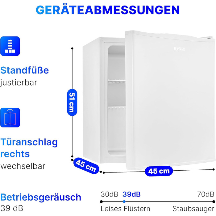 Холодильник Bomann Mini KB 7346: 42 літри, для офісу, кемпінгу та геймінгу | Тихий (39 dB), з можливістю зміни дверцят | 51x45x45 см