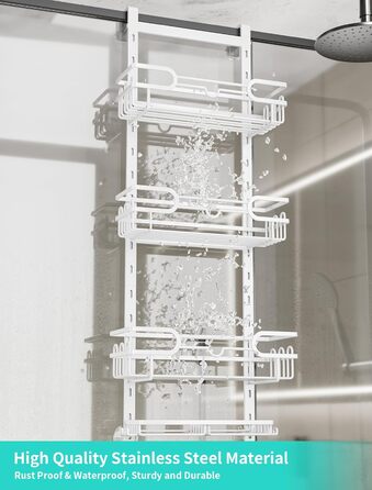 HapiRm Shower Shelf - Hanging Shower Rack Adjustable with 4 Shower Baskets, Shower Shelf No Drilling with Soap Dish and Hooks, Shower Shelf Over the Door Glass Wall & Bathroom Door (White)