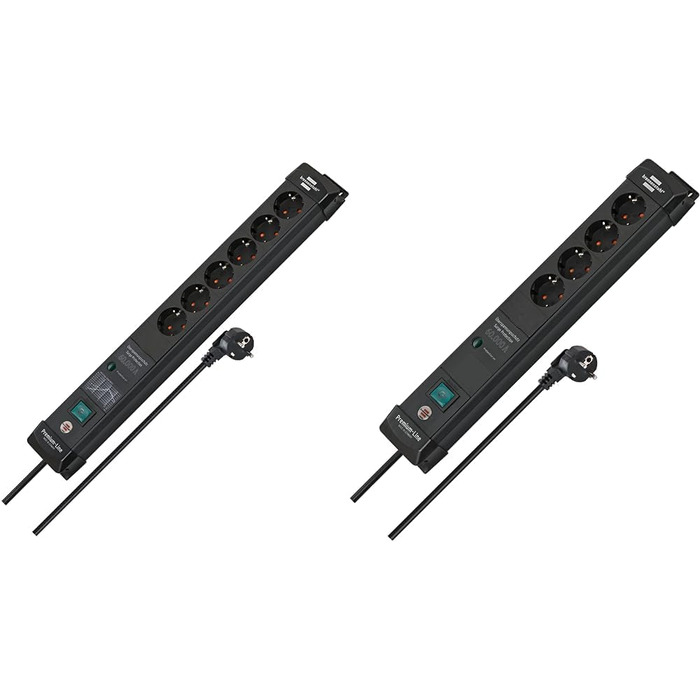 Бренненштуль Преміум-лайн: мережевий фільтр 6 виходів з захистом від перенапруги до 60 000A (з вимикачем та 3м кабелем, для монтажу на стіну, Made in Germany), чорний (струмопровід 60 000A, комплект мережевої стрічки)