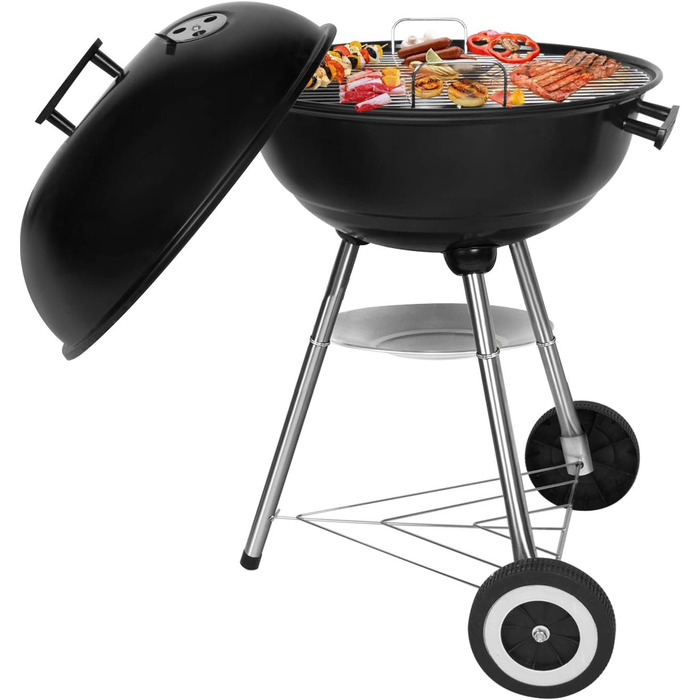 Charcoal grill, portable, round, with lid, double wheels, grill on stand, φ 41 cm, height 70 cm, black