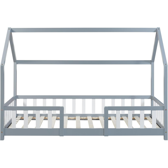 en.casa Kinderbett Sisimiut House Bed 90 x 200 cm with Fall Protection Wooden Bed for Children Floor Bed Slatted Frame Pine Wood Light Grey/White Light Grey / White 90x200 cm