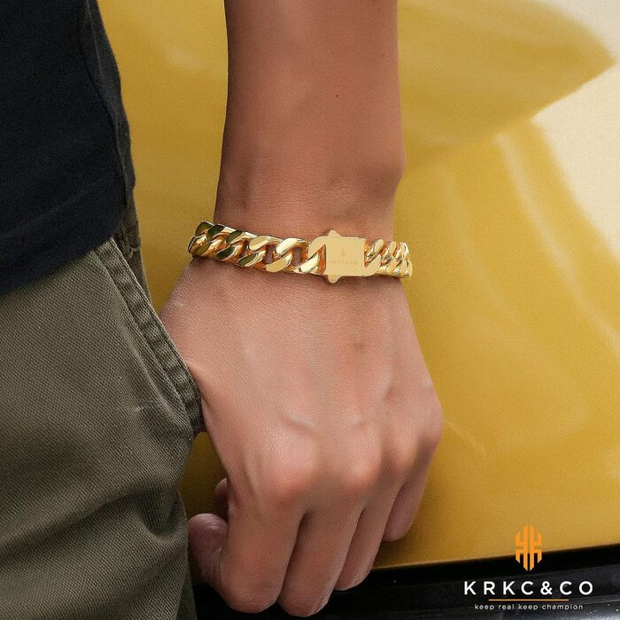 Чоловічий браслет KRKC&CO, кубинське плетиво, 18 мм, Miami Iced Out, кубинське панцерне з'єднання, 18-каратне золото, міцний, Urban Streetwear, браслет у стилі хіп-хоп для чоловіків (Golden-12mm, 19.0 см)