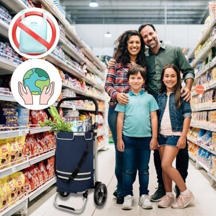 DIVID® Коляска для покупок зі складною візком, об'єм 56 літрів, вантажопідйомність до 50 кг, складана, сумка через плече та ізольований відсік, синій колір