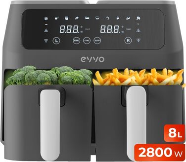 Фритюрниця EVVO без олії, 6 л, 1700 Вт, антипригарне покриття, Dual-Cyclon технологія, багатофункціональна, для випікання, дегідратації, розморожування, до 200°C, автоматичне вимкнення, білий колір