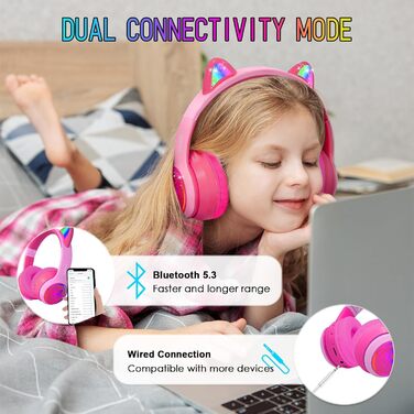 Дитячі бездротові навушники IFecco з мікрофоном, Bluetooth, LED, котячі вушка (рожевий)