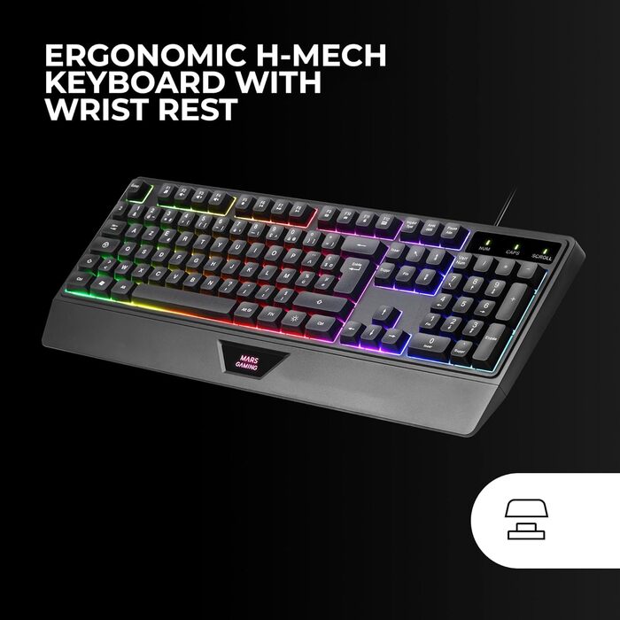 Ігровий комбо MARSGAMING MCP124: Клавіатура H-Mech LED RGB, Миша 3200DPI з HUANO Switches, Килимок Nanotextil 360x260mm, Підтримка Multiplatform, Іспанська розкладка, Чорний колір