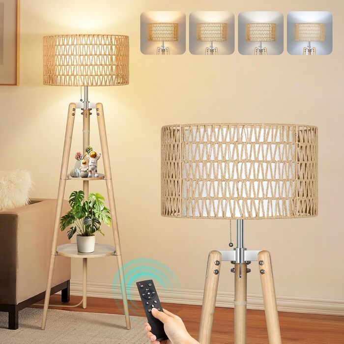 LED торшер Outon з трьома ніжками, регульоване освітлення, полиця, пульт, 4 режими кольору, таймер, 2 плафона, для вітальні/спальні (дерев'яний)