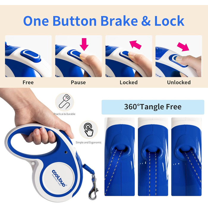 Рулетка для собак, 4.6 м, для малих, середніх та великих собак до 110 кг, міцна, з гальмом та фіксацією, зелена/синя (Large)