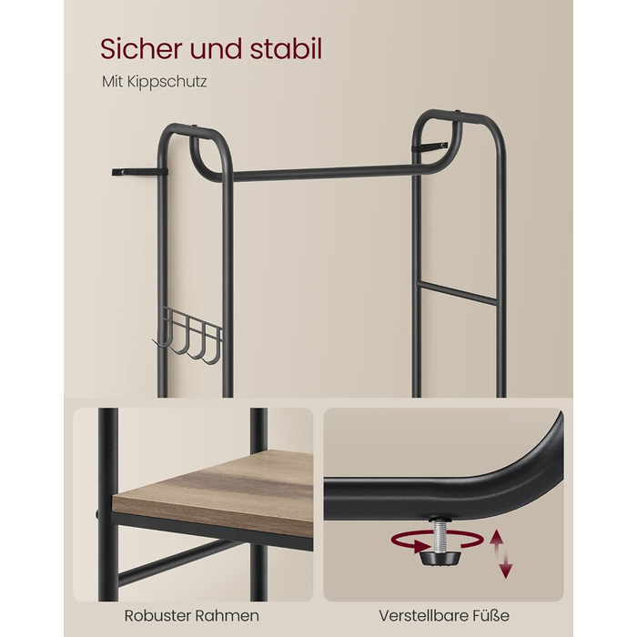 VASAGLE Coat Rack, Clothes Rack, with Shoe Storage, Shoe Shelf, for Entryway, Bedroom, 58 x 28 x 181 cm, Scandinavian, Matte White-Gold Oak HSR81WN (Ink Black + Camel Brown)