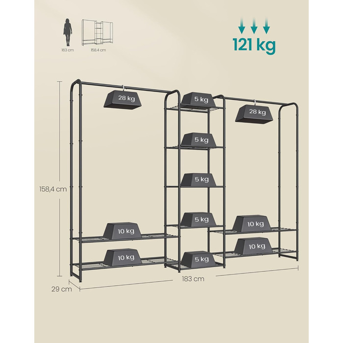 SONGMICS Clothes Rack, Open Wardrobe, Clothes Rail, Coat Rack with Shelves, Metal Wardrobe, Freestanding, Matte Black LGR462B01 (183B cm)