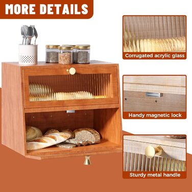 Дерев'яний хлібниця великого об'єму, 2-ярусний, для кухні, стиль хата, з акриловим вікном (колір: коричневий)