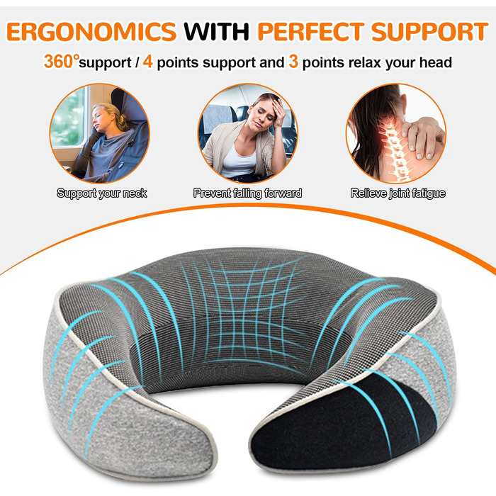 Подушка для шиї у літак, подушка для подорожей Memory Foam 360° підтримка, подушка-вичку для дорослих з берушами, маскою для очей та сумкою. Регульована компактна подушка для подорожей літаком, автомобілем, поїздом