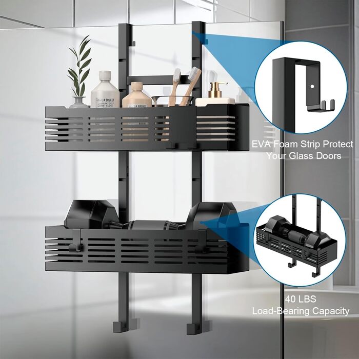 Поличка для душу AIGOCITY без свердління, чорна, для скляних душових кабін, з 3 гачками, регульована висота, для шампуню та гелю для душу