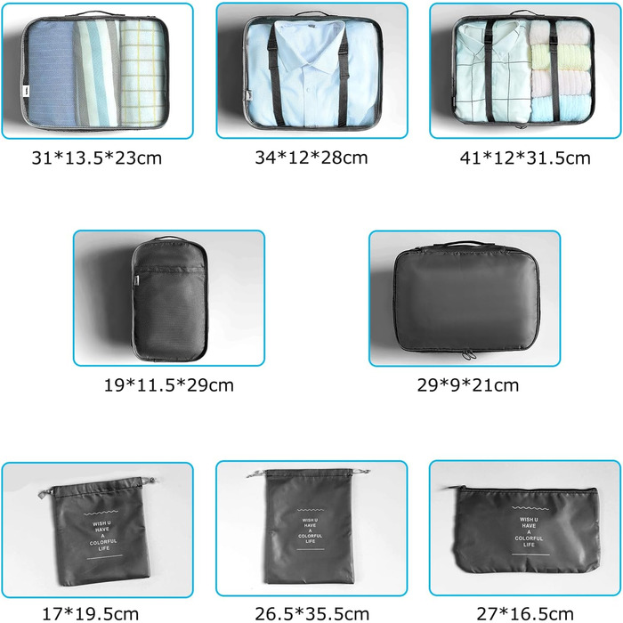 Органайзер для валізи BillyBath: Набір для подорожей (8 шт.) - Чорний