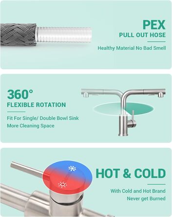 Кухонний змішувач Dayone з висувною лійкою, нержавіюча сталь SUS304, високий тиск, 2 функції, поворотна лійка 360°, L-подібна форма, G6808bn