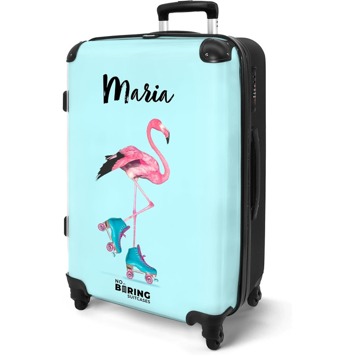Дитячий валіза-роликовий колірний, 55x40x20 см, ручна поклажа, персоналізований, з ініціалами, для хлопчиків, з принтом 'Ренн-авто', легкий, з іменем, 2 фламінго на блакитних роликах