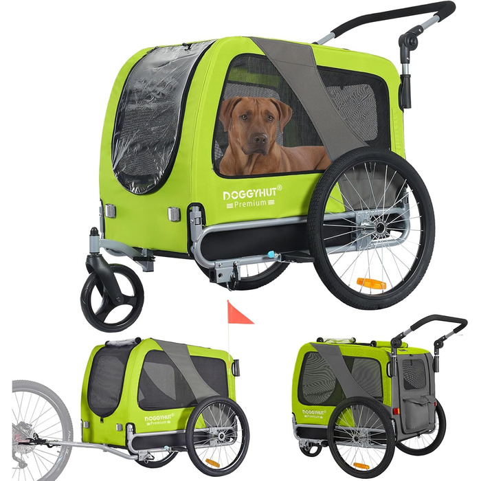DOGGYHUT® Преміум великий велосипедний причіп для собак 2 в 1 / Візок-бігунок для собак / Причіп для собак великого розміру, 270 літрів, для собак середніх та великих порід до 35 кг (зелений / чорний)