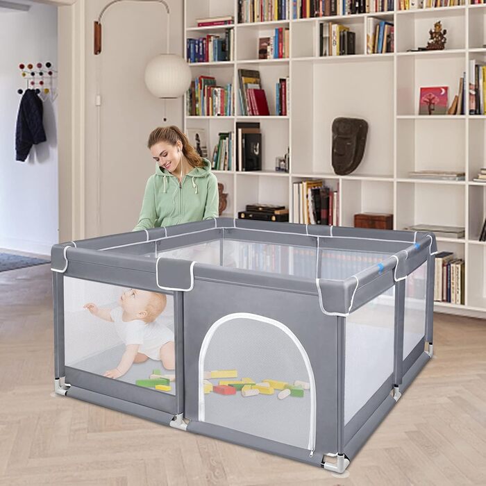 YUENFONG Playpen, Baby Gate, Child Safety Enclosure, XXL Child Safety Play Area, Protective Fence, Crawling Fence for Children, with Non-Slip Base and Breathable Mesh, Dark Grey, 180x200x68cm